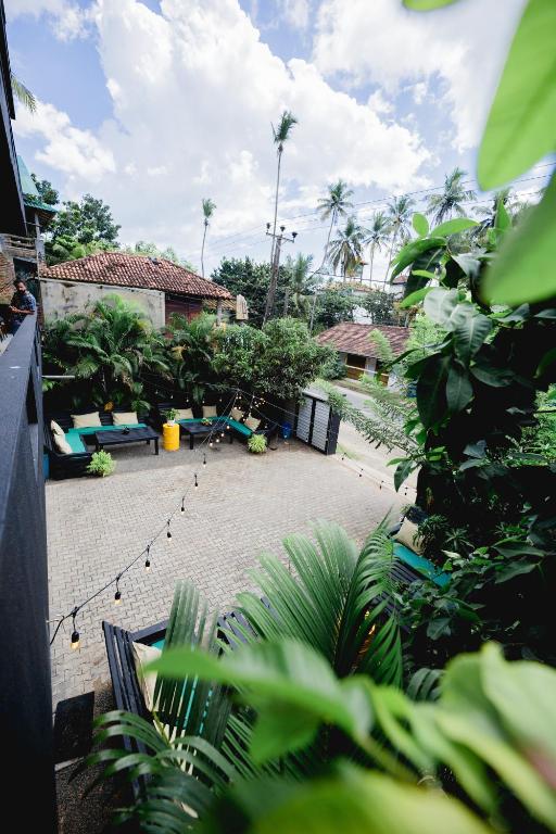 The sand courtyard at Mellow Bay, with loungers, palms and string lights